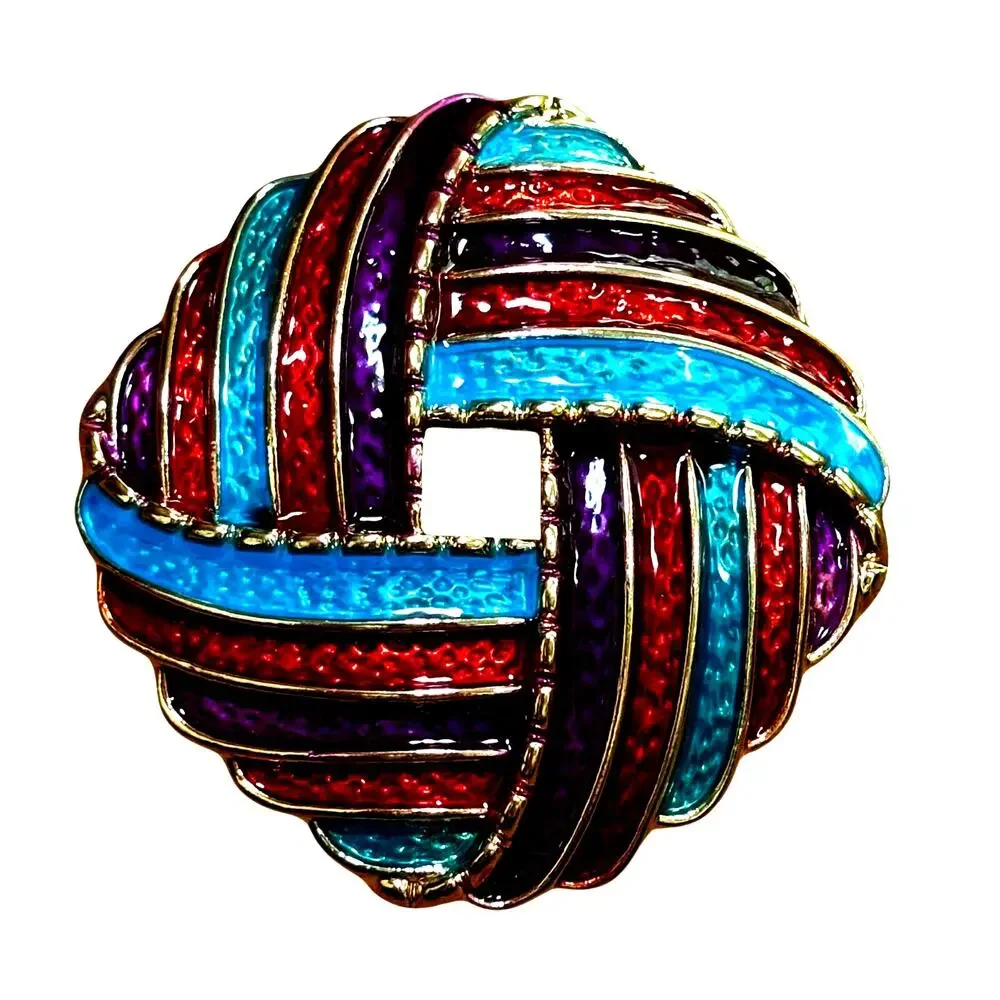 Vintage 80’s fashion brooch gold & multicolor enamel stripes domed textured